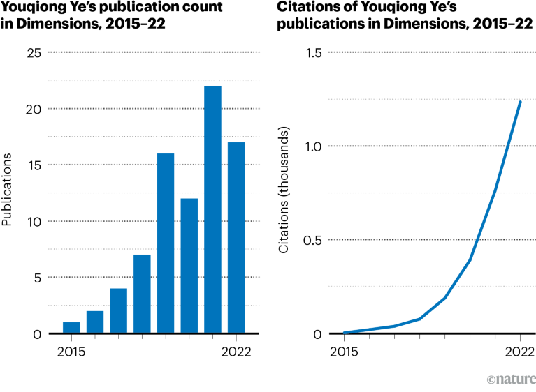 Bar chart showing publication count and line graph showing number of citations for Youqiong Ye in 2015 to 2022