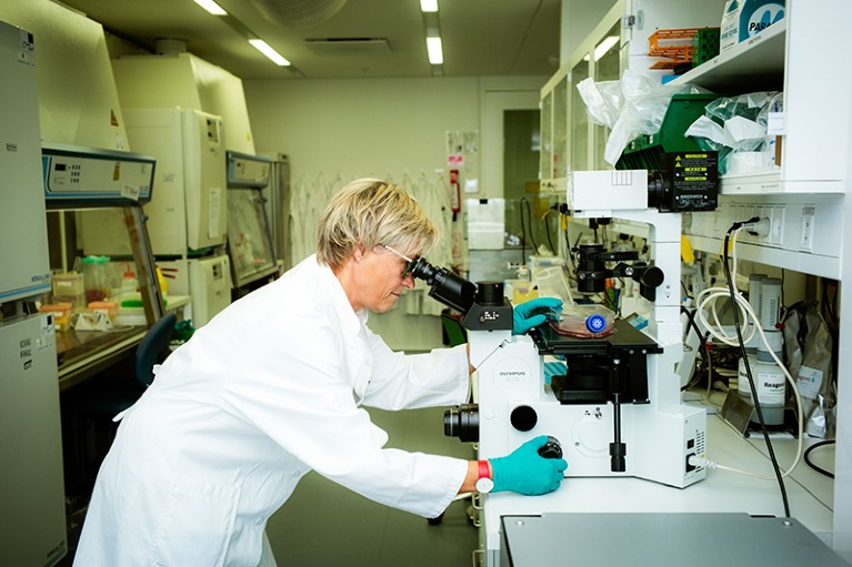 Person wearing white coat and green gloves, standing in laboratory looking into microscope