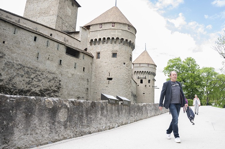 A patient with Parkinson's disease training to walk with spine stimulation at Chateau de Chillon in Montreux, Switzerland.