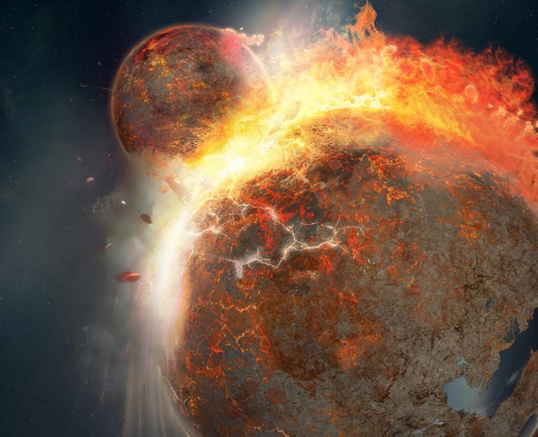 An artist's impression of a giant collision between the ancient protoplanet Theia and proto-Earth.