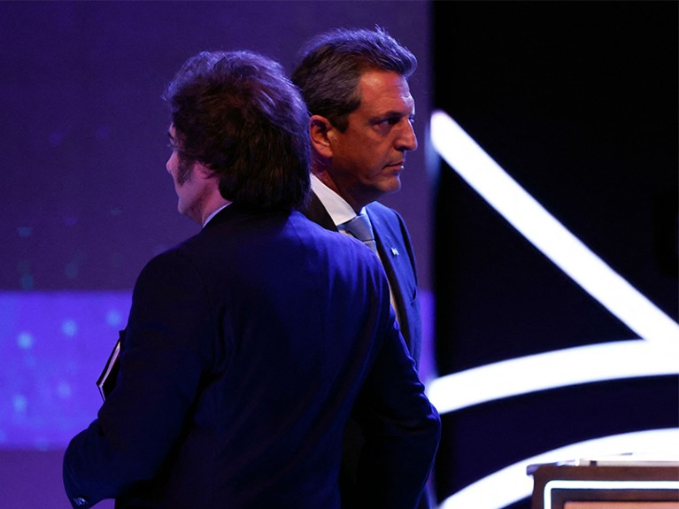 Javier Milei and Sergio Massa pictured during the presidential debate in Santiago del Estero, Argentina.