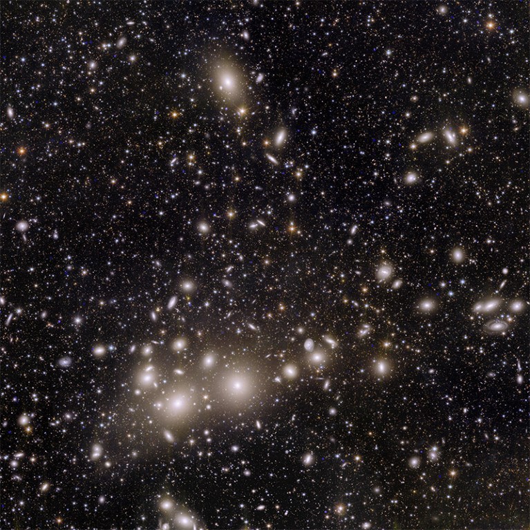 A number of large, bright stars in the foreground of a deep star field.