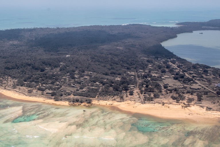 An aerial view of heavy ash fall in Nomuka, Tonga