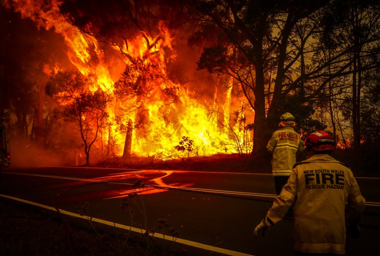 Fire and Rescue personnel watch a bushfire as it burns