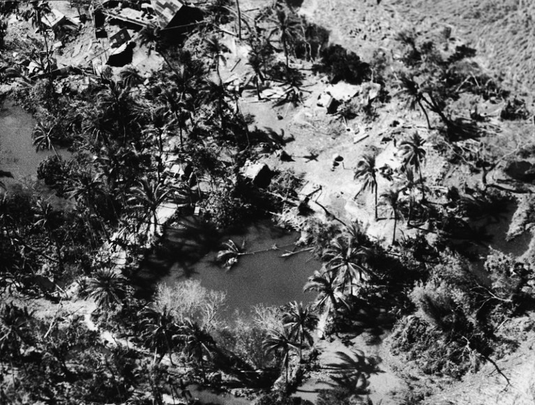 A black and white aerial view of a village on the island of Bhola devastated by a tropical cyclone and tidal wave