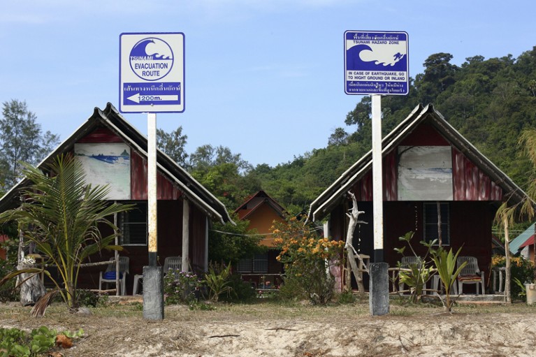A view of tsunami danger signs giving advice for evacuating people from the coast in Thailand