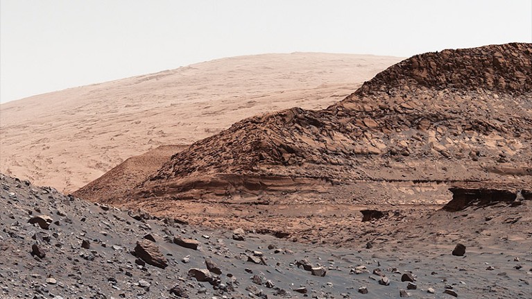 A view captured by NASA's Curiosity rover of rocks in the Paraitepuy Pass on Mars.