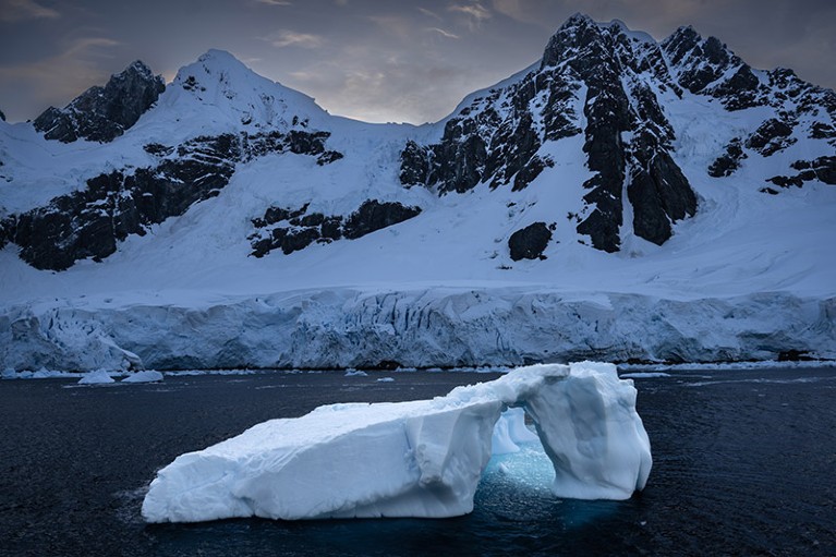 Melting icebergs are seen on Horseshoe Island in Antarctica.