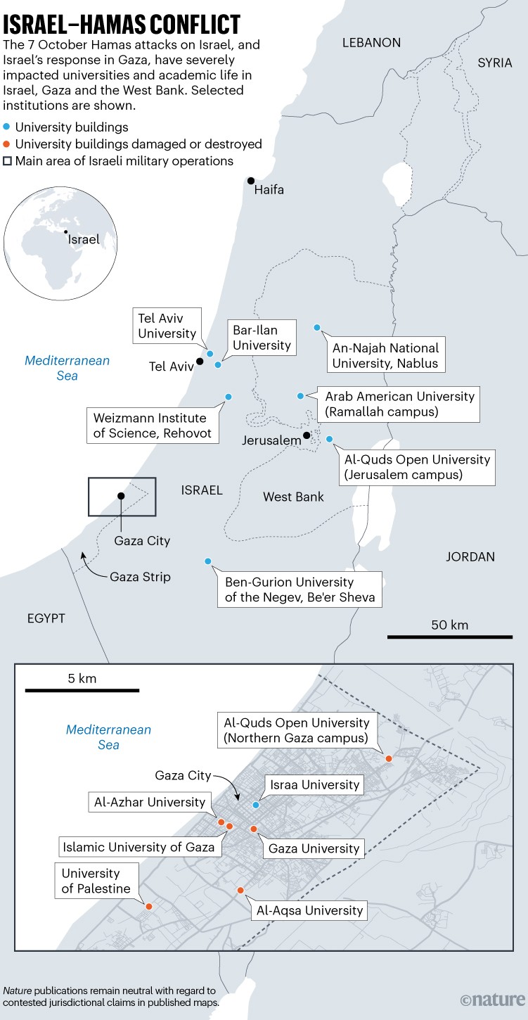 ISRAEL–HAMAS CONFLICT. Map showing universities impacted by the Israel–Hamas conflict.
