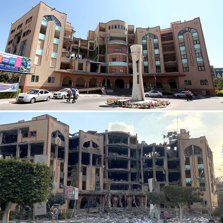 Two photos showing the Islamic University of Gaza in 2015 and following an airstrike in October 2023.