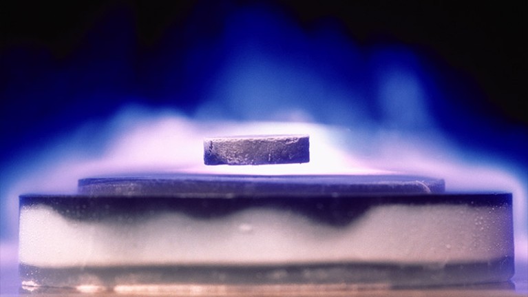 Demonstration of magnetic levitation of a superconductor.