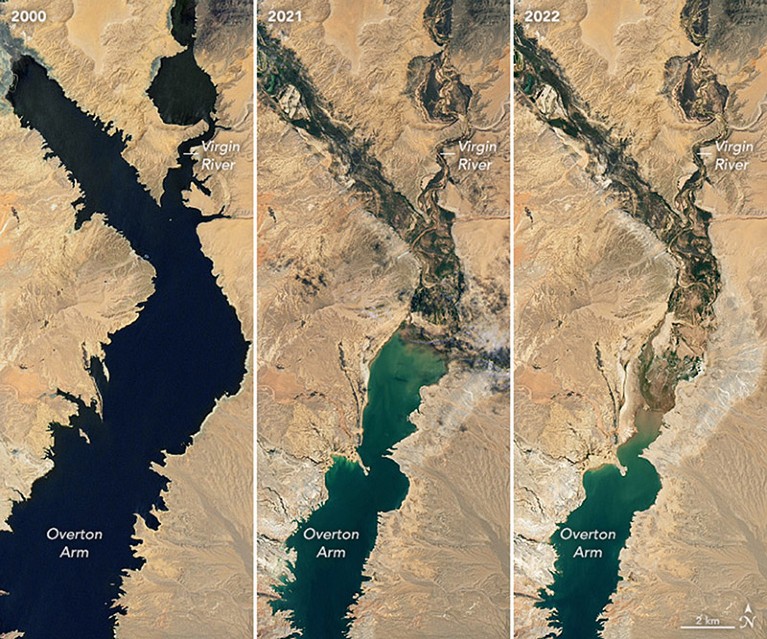 A composite of three NASA Landsat 8 images shows water levels decline in Lake Mead over 20 Years.