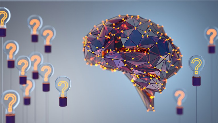 A 3D rendered artist's impression of artificial intelligence with an abstract human brain and question mark light bulbs.