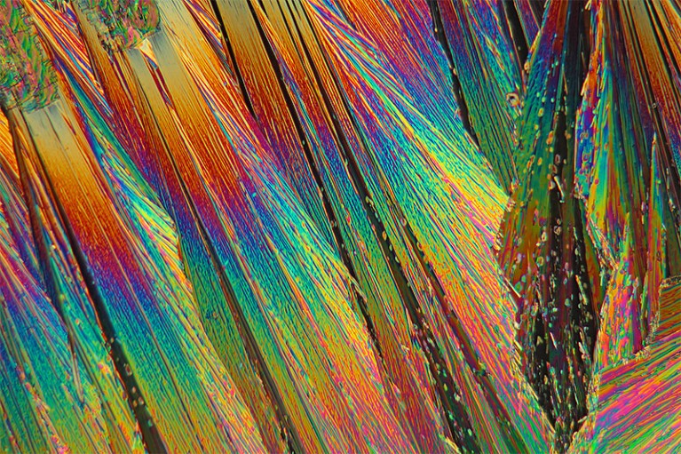 The iridescent crystals of Lanthanum nitrate seen under a Microscope