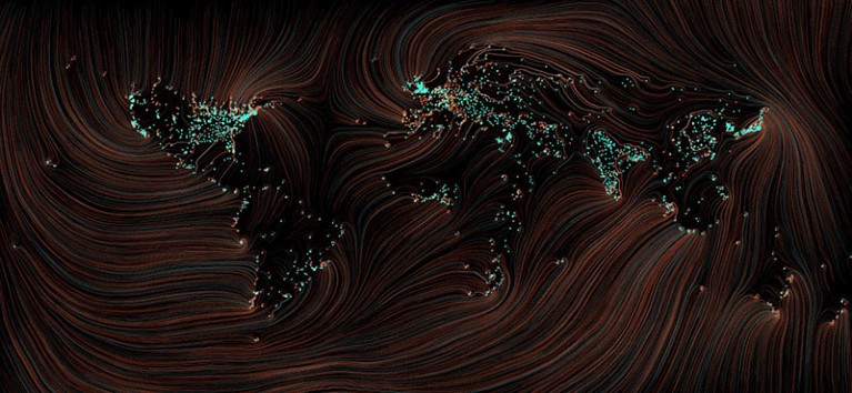 A world map visualizing sixty years of data from 20 million research articles across 3,562 cities.