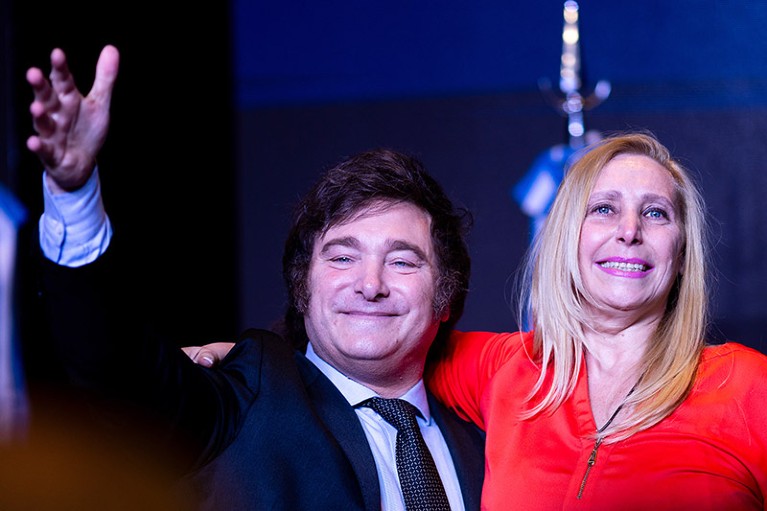 Newly elected President of Argentina Javier Milei of La Libertad Avanza celebrates with his sister Karina Milei after the polls closed in Buenos Aires, Argentina.