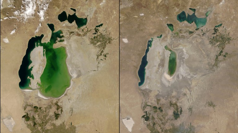 Satellite images for the Aral Sea in 2000 (L) and in 2018 (R) after heavy droughts.