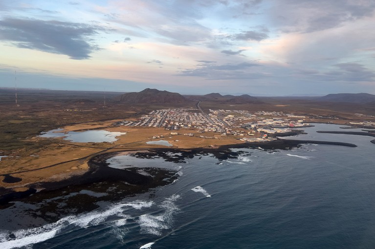 An aerial view of the town of Grindavik in Iceland.