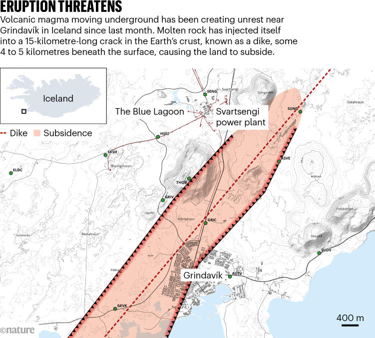 ERUPTION THREATENS. Map shows location in Iceland where volcanic magma is causing the land to subside.