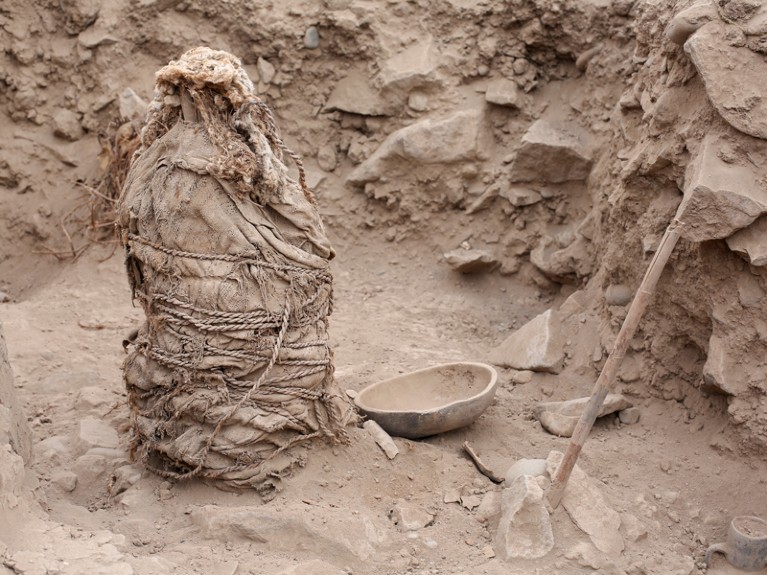 One of the five mummies pictured at the Huaca La Florida archaeological site in Lima, Peru.