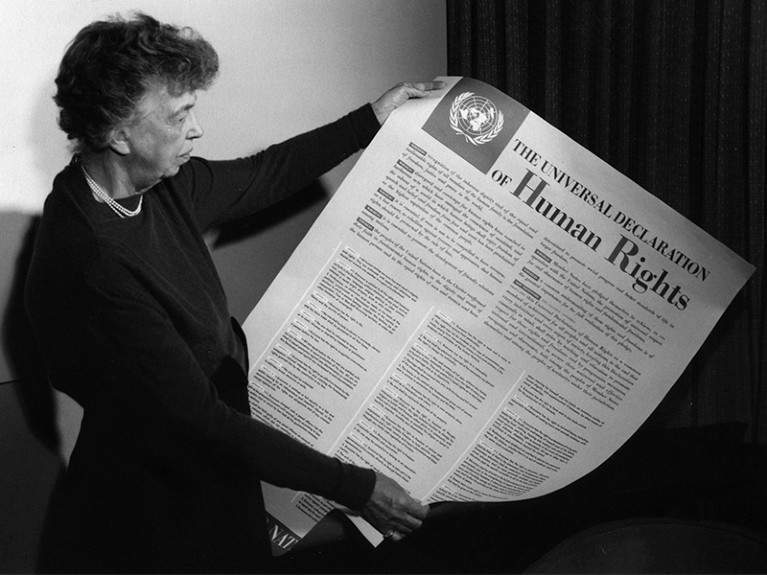 Eleanor Roosevelt with the Universal Declaration of Human Rights, which includes Franklin Roosevelt's Four Freedoms.