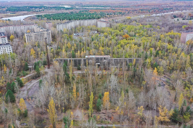 Aerial view of the abandoned Avanhard Stadium in Prypyat surrounded by autumnal trees and vegetation