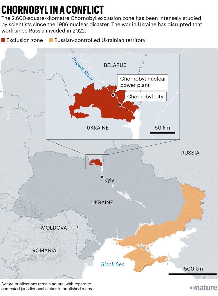 Chornobyl in a conflict: Map showing the location of the Chornobyl exclusion and power plant zone within Ukraine.