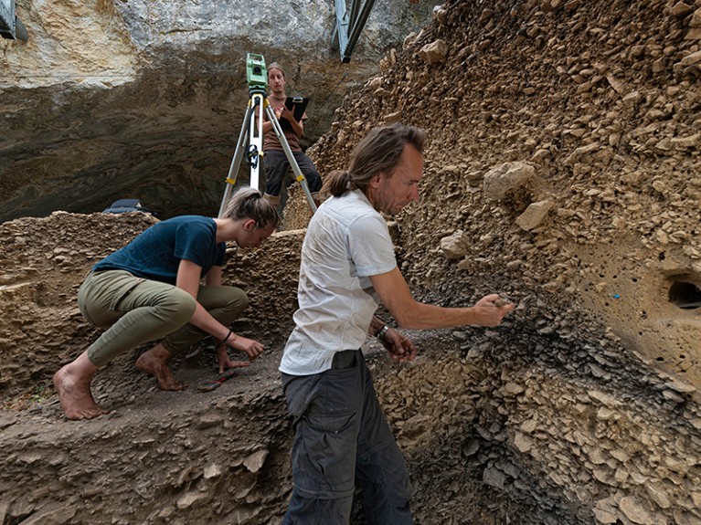 Excavations at Grotte Mandrin, France.