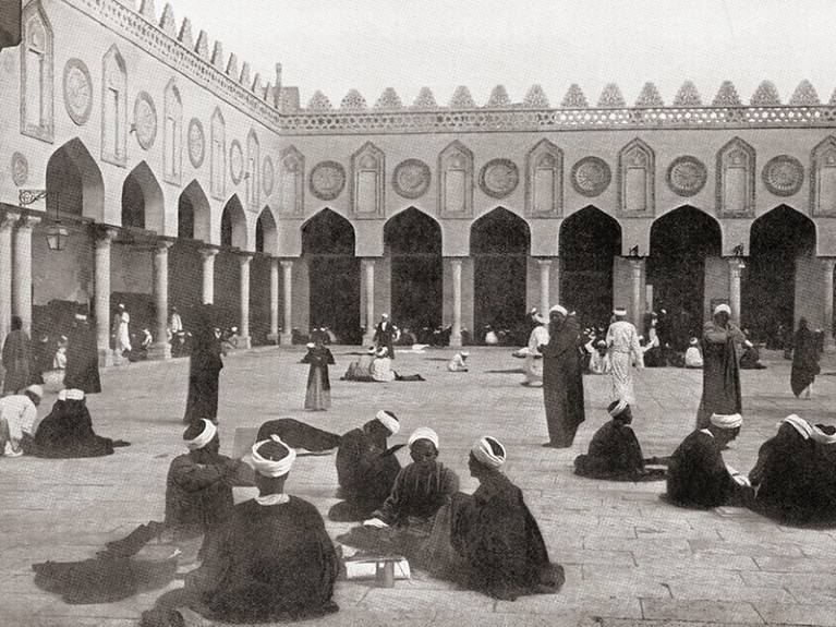 The open court of the University Mosque of Al-Azhar, Cairo, Egypt, seen here in 1880.
