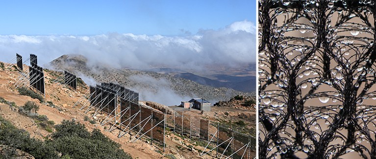 On the left an image of Arid hillside with rows of large metal frames holding black fog nets. Cloud lies low over the ground and mountains. On the left there is a zoomed-in image of that black net covered with large droplets of water.