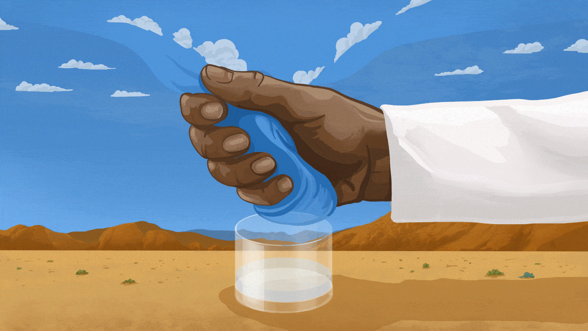 A creative illustration of a scientist squeezing water out of the sky.