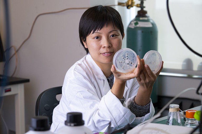 East Asian woman wearing white lab coat, looking straight to camera, holds up two petri dishes.