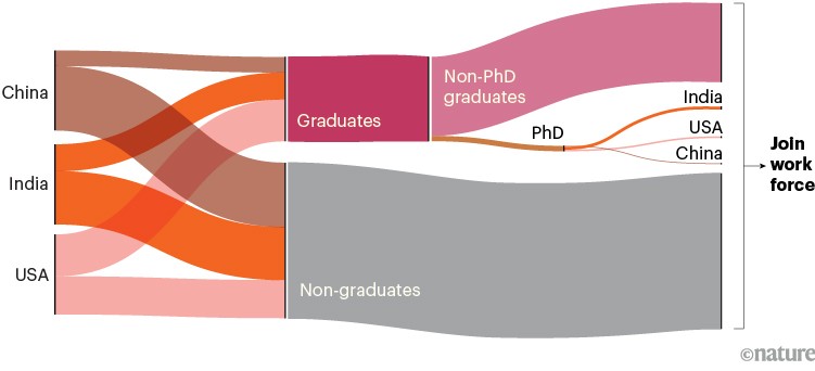 An alluvial chart show India has a smaller proportion of people with a university-degree-level qualification than many other nations, but those who do get an undergraduate degree are much more likely to complete a PhD.