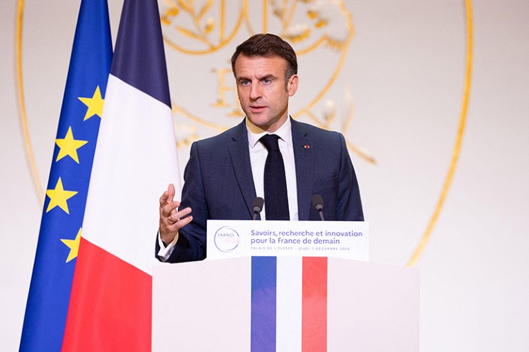 French President Emmanuel Macron speaks during a meeting with more than 300 members of the research community, about the vision of the future of the French research at the Presidential Elysee Palace in Paris.