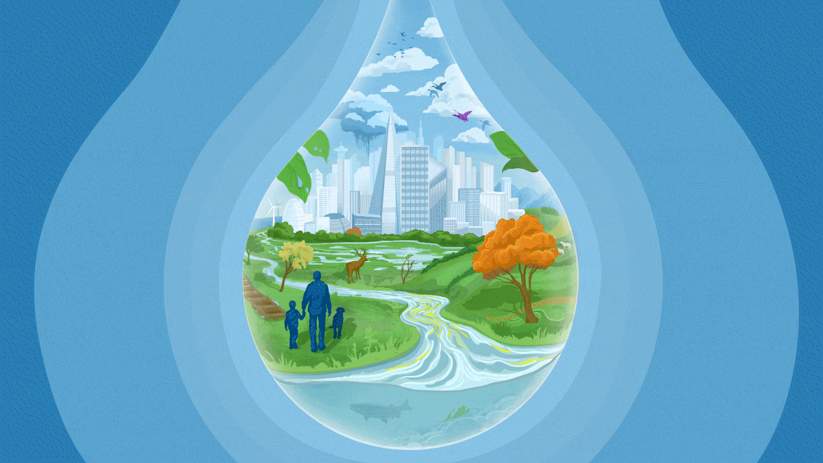 An illustration of a water droplet, reflecting a beautify greenery scene.