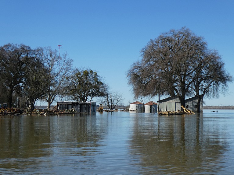 Extensive flooding with partially submerged buildings and trees in the background, under a blue sky.