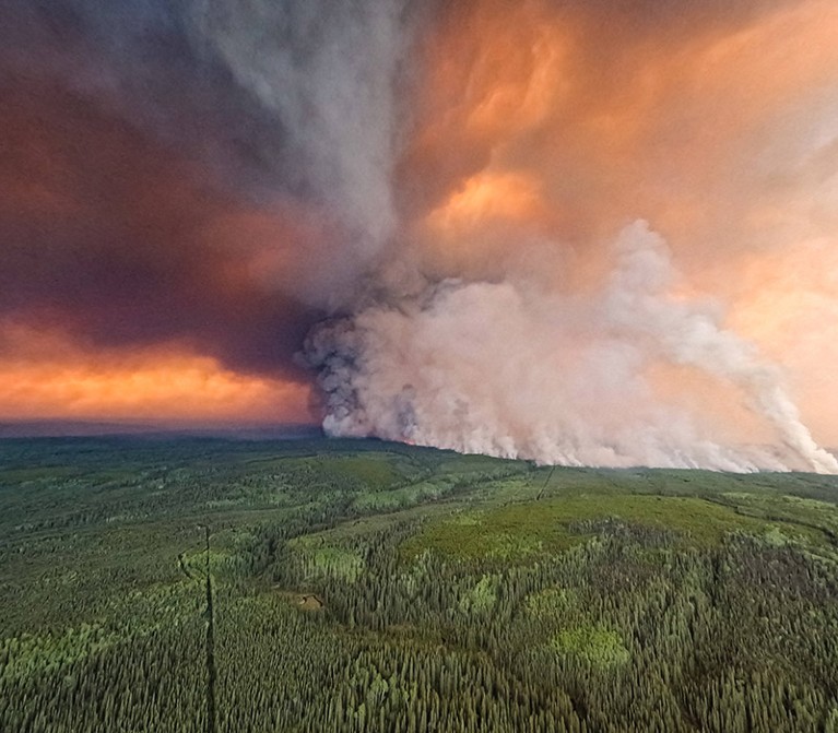 Undated aerial photo provided by BC Wildfire Service on June 9, 2023 shows wildfires burning in Northeast region of British Columbia, Canada.