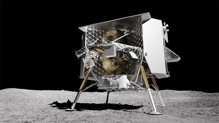 Photo realistic computer rendering of the Peregrine lander on the lunar surface