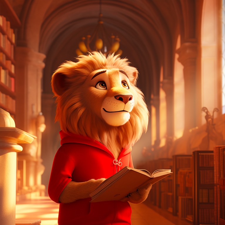 King's College London’s Reggie the Mascot in an AI generated image, holding a book in a library.