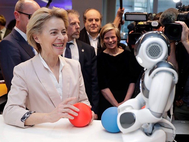 President of the European Commission Ursula von der Leyen looks at the invention "Do you Speak Robot?" with "NAO, Brussels.