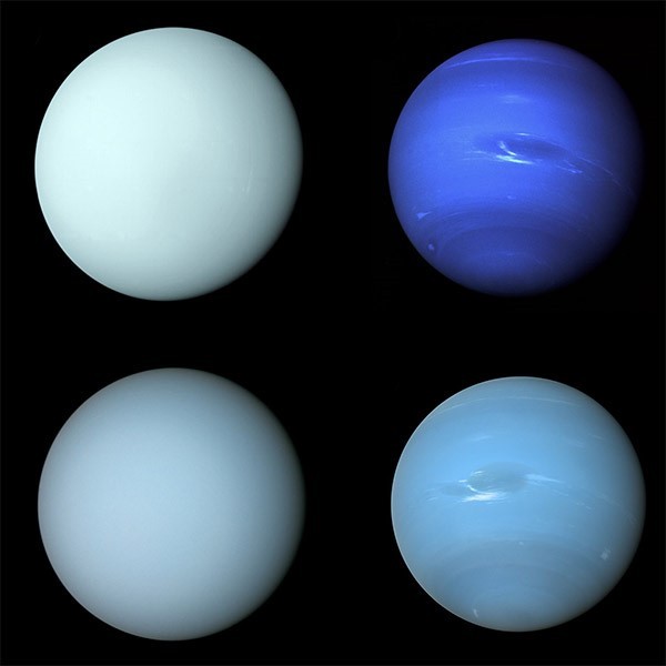 Two sets of images of the planets Uranus and Neptune.