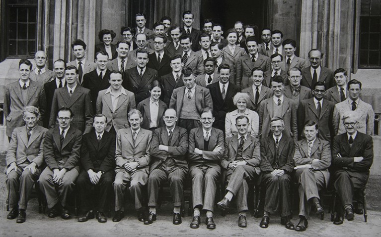 Staff, Research Staff and Research Students of the School of Physics, Bristol, 1948. Rosemary Brown (back left, next to pillar), one of few female physicists at Bristol.