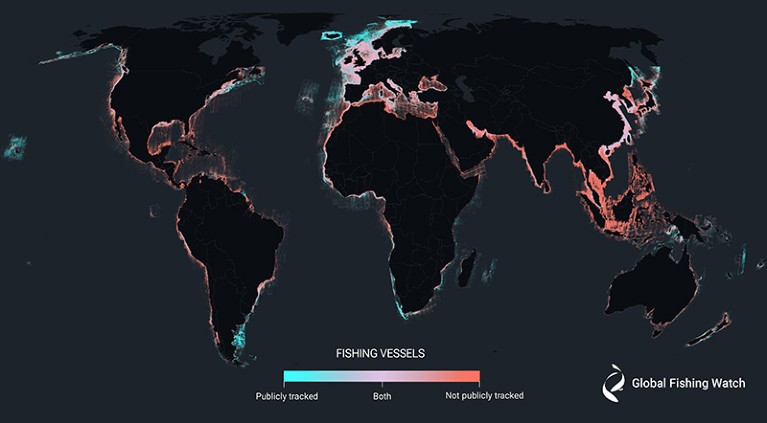 A map of Earth in which the continents are shown in black on a black background. Fishing activity, shown in shades of blue and red, surrounding the landmasses makes the continents visible.