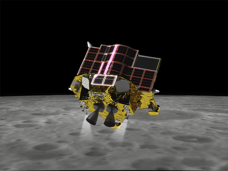 A computer illustration of JAXA's Smart Lander for Investigating Moon during the landing phase of the mission.