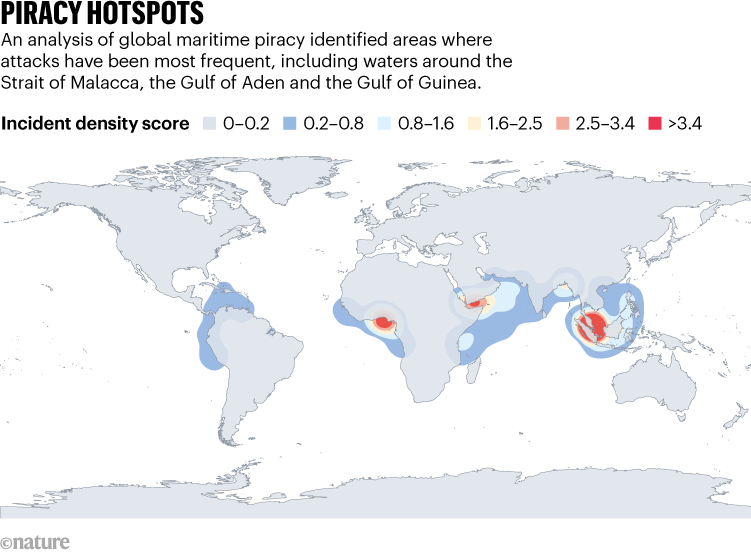 PIRATERIJ-HOTSPOTS.  De kaart identificeert gebieden waar piraterijaanvallen het meest voorkomen.