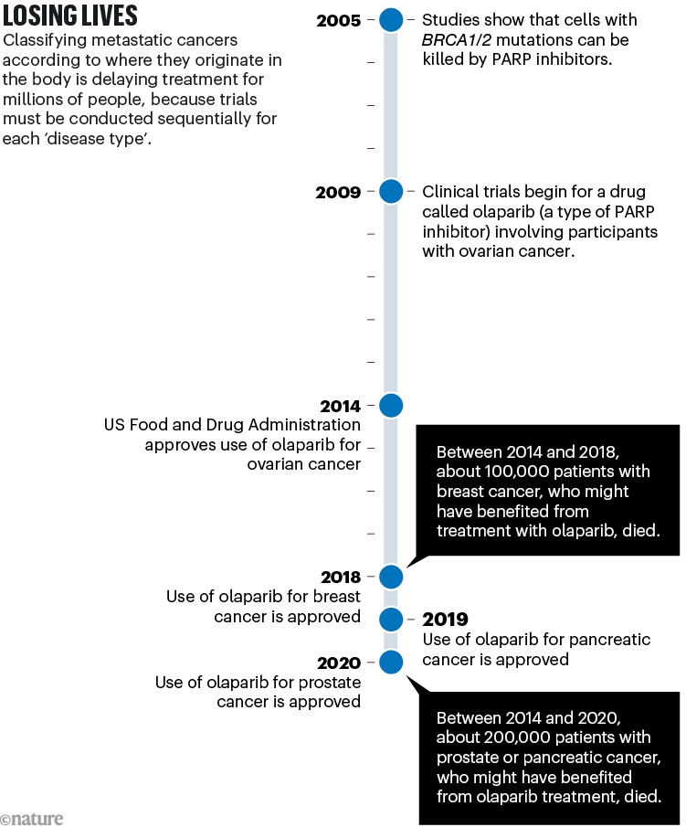 LOSING LIVES: timeline showing the approval dates for olaparid use to treat metastatic cancer in different parts of the body.
