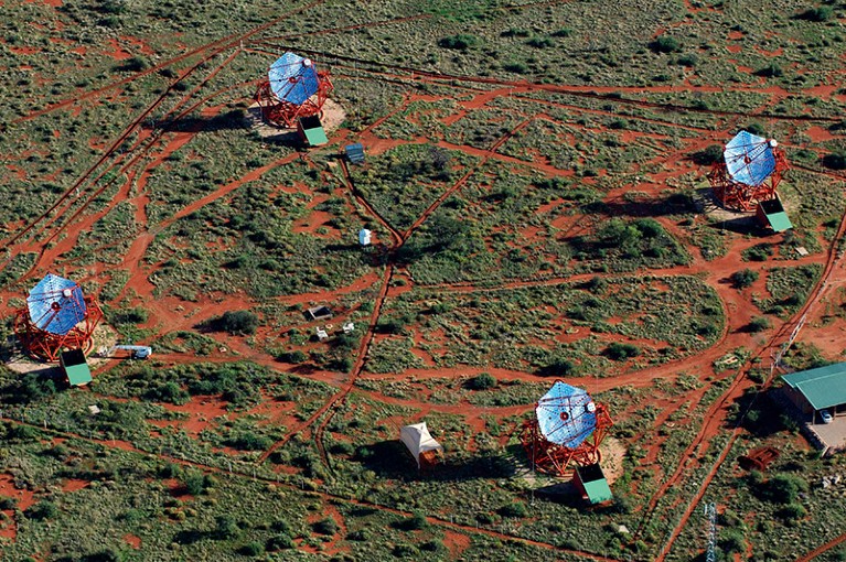 Aerial photograph of the four gamma ray telescopes making up the HESS (High Energy Stereoscopic System) array on the Gamsberg plateau, in Namibia.