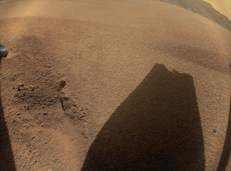 After its 72nd flight on January 18, 2024, NASA’s Ingenuity Mars Helicopter captured this image of the shadow of one of its damaged rotor blades.