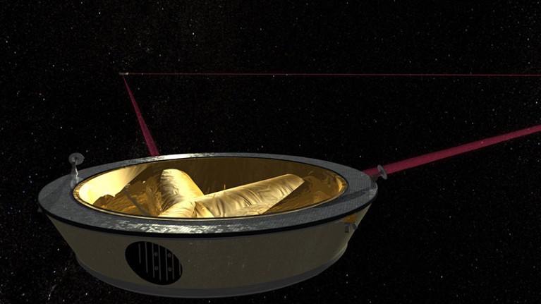 A computer rendered artist's impression showing the perspective of one of the three LISA spacecraft.