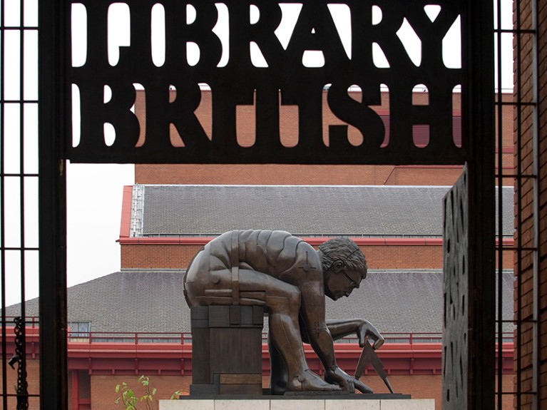Bronze statue by Eduardo Paolozzi (1924-2005), inspired by William Blake's famous image of English mathematician Sir Isaac Newton, British Library.